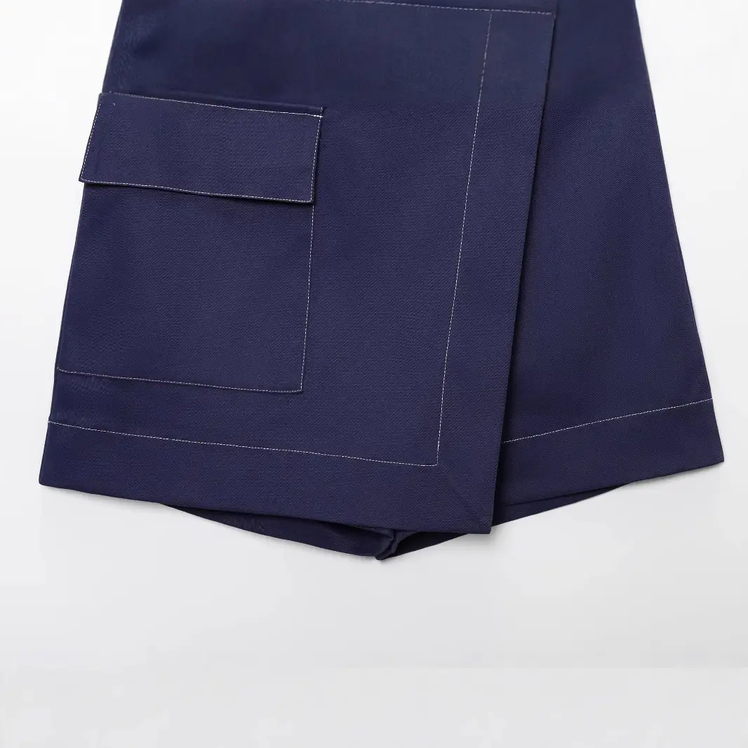 Double Breasted Cross-Border Culottes Navy Blue Belted - Image 4