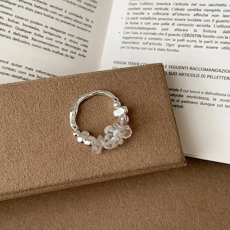 Irregular White Crystal Broken Silver Ring for Women