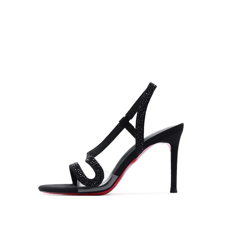 Black High Heels with Red Soles, Open-Toe, Rhinestone Stiletto Heels, Sexy Party Sandals with Snake-Shaped Straps 2026 - Image 6