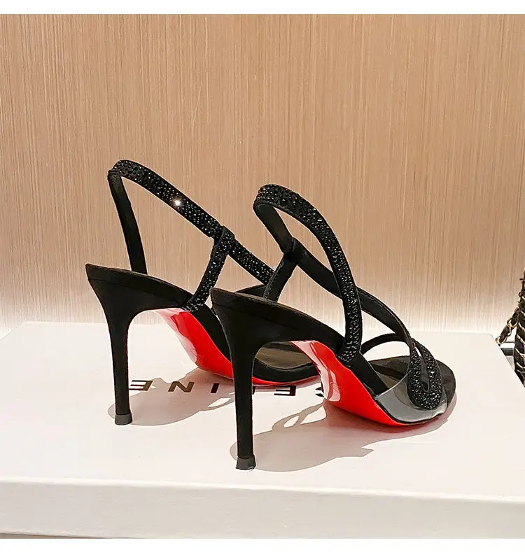 Black High Heels with Red Soles, Open-Toe, Rhinestone Stiletto Heels, Sexy Party Sandals with Snake-Shaped Straps 2026 — feature 10