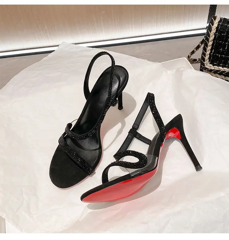 Black High Heels with Red Soles, Open-Toe, Rhinestone Stiletto Heels, Sexy Party Sandals with Snake-Shaped Straps 2026 — feature 9