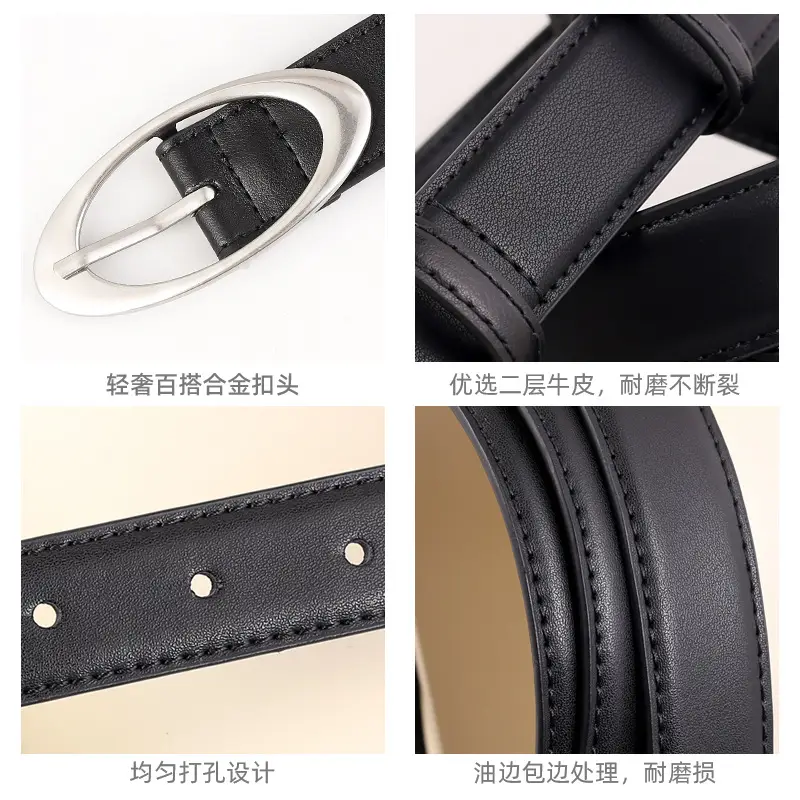 Korean Style Women's Black Genuine Leather Belt with Silver Buckle - Image 6
