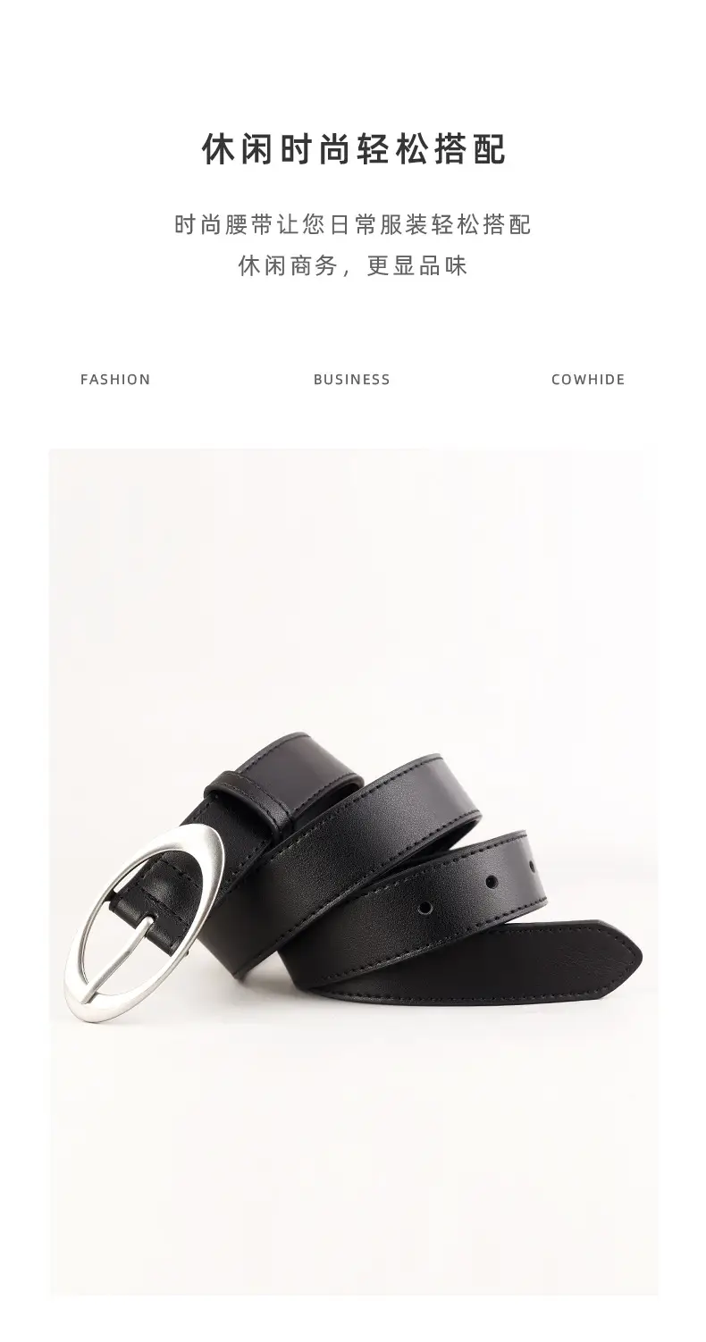 Korean Style Women's Black Genuine Leather Belt with Silver Buckle — feature 10