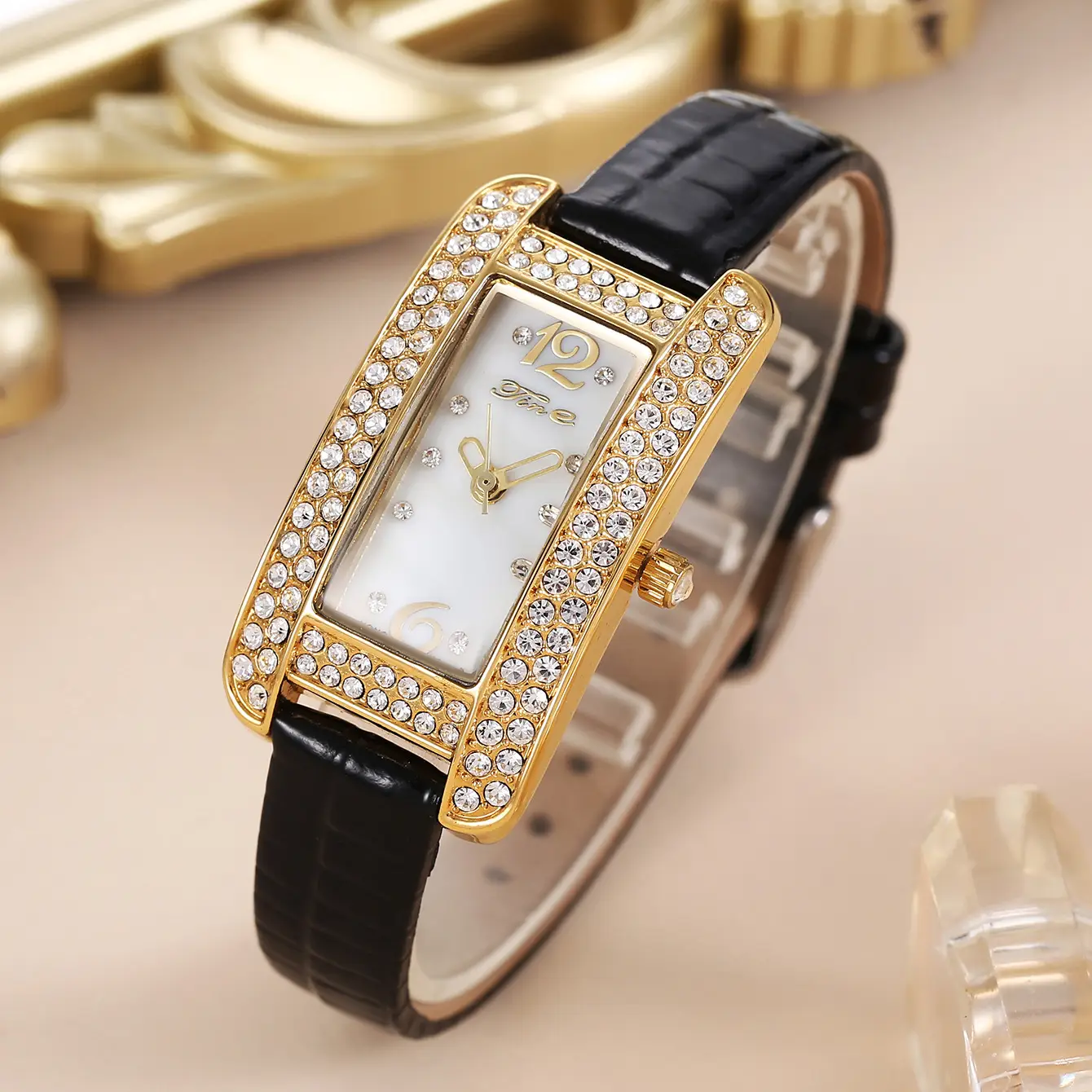 Women's High-End Diamond Watch with Black Strap - Image 6
