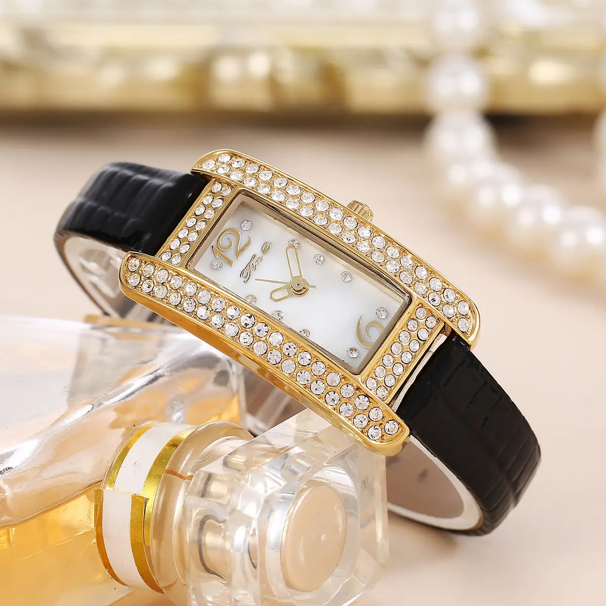 Women's High-End Diamond Watch with Black Strap — feature 4