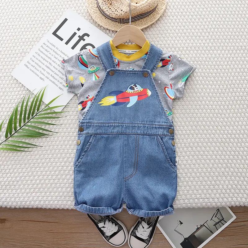 Kids Denim Overalls with Rocket Print 2-Piece Set - Image 2