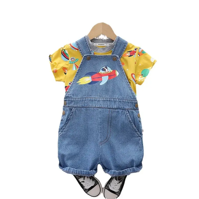 Kids Denim Overalls with Rocket Print 2-Piece Set - Image 5