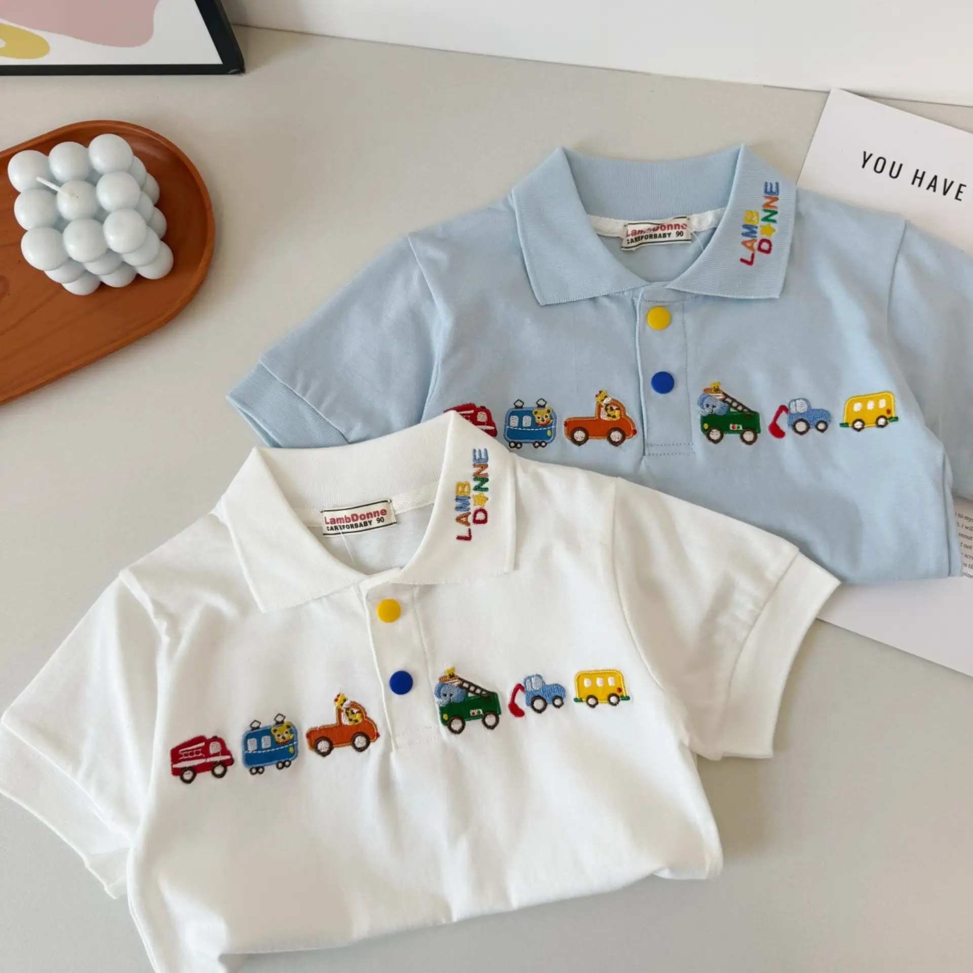 Japanese Style Boys T-Shirt White Blue Car Embroidery Polo