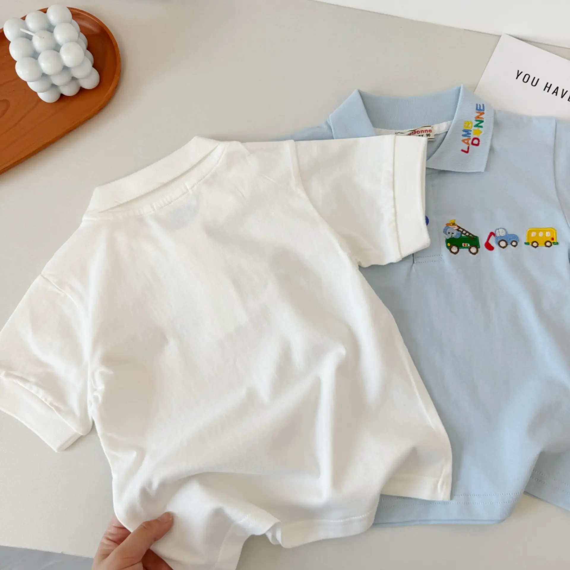 Japanese Style Boys T-Shirt White Blue Car Embroidery Polo