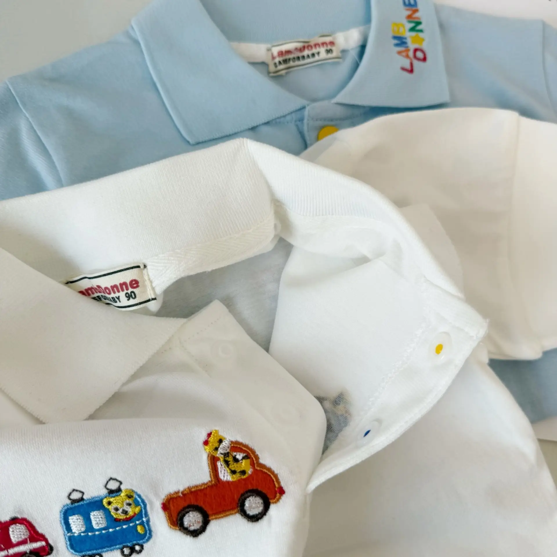 Japanese Style Boys T-Shirt White Blue Car Embroidery Polo