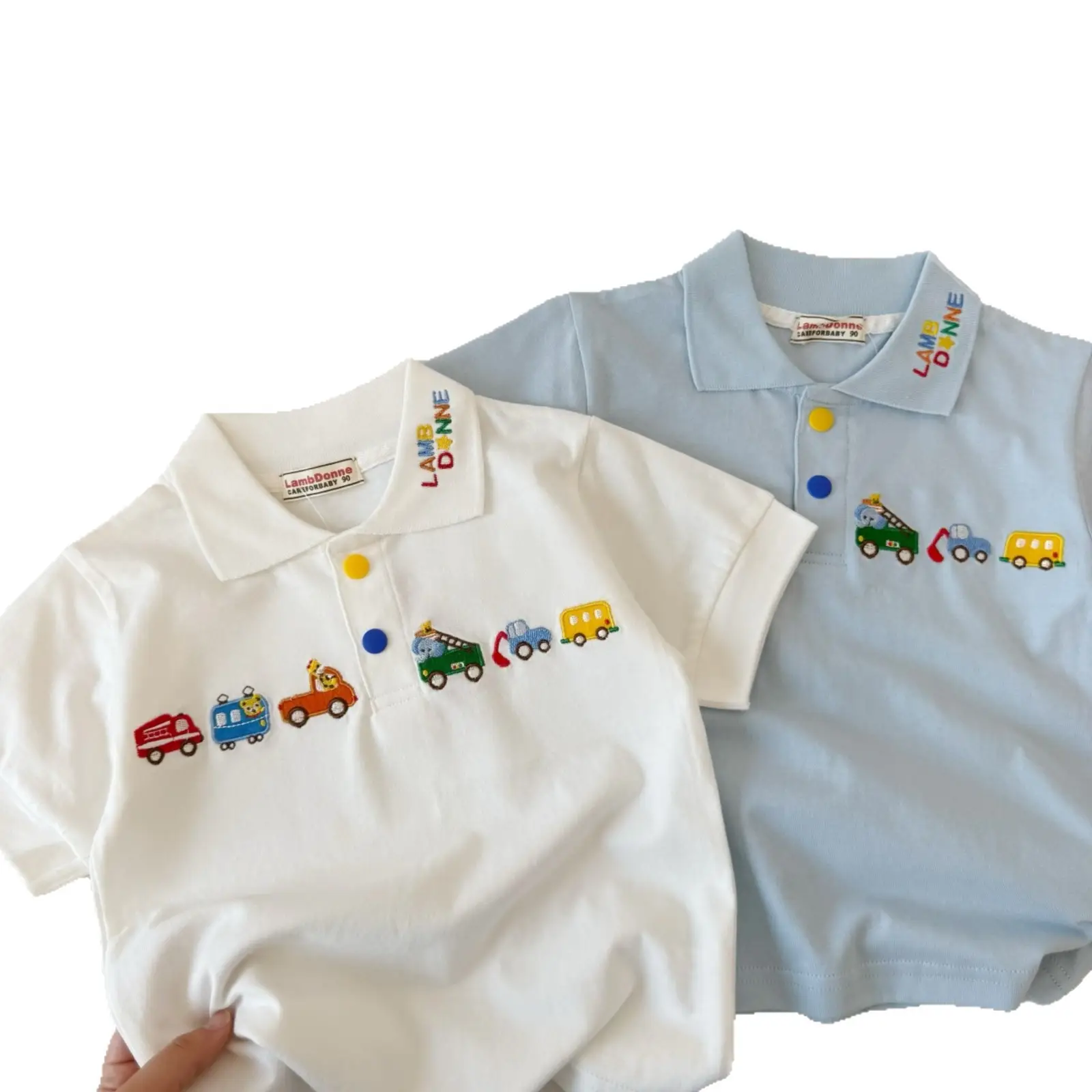 Japanese Style Boys T-Shirt White Blue Car Embroidery Polo