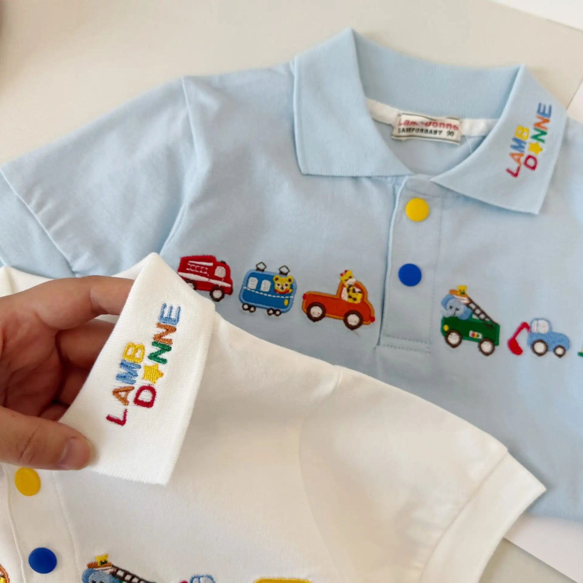 Japanese Style Boys T-Shirt White Blue Car Embroidery Polo — feature 11