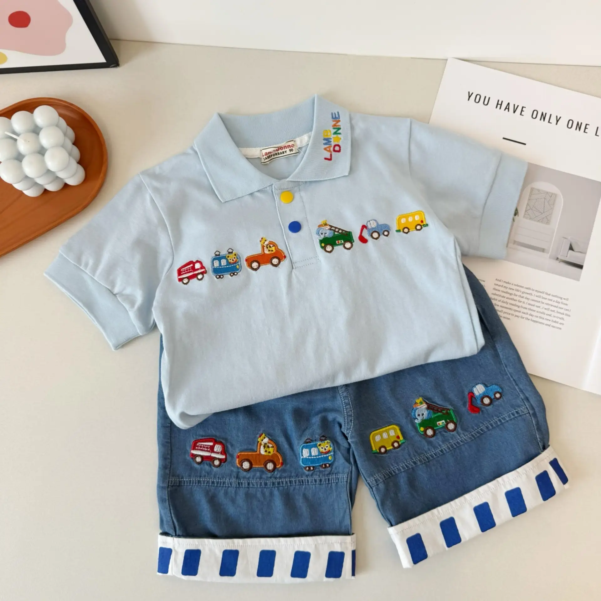Japanese Style Boys T-Shirt White Blue Car Embroidery Polo — feature 14