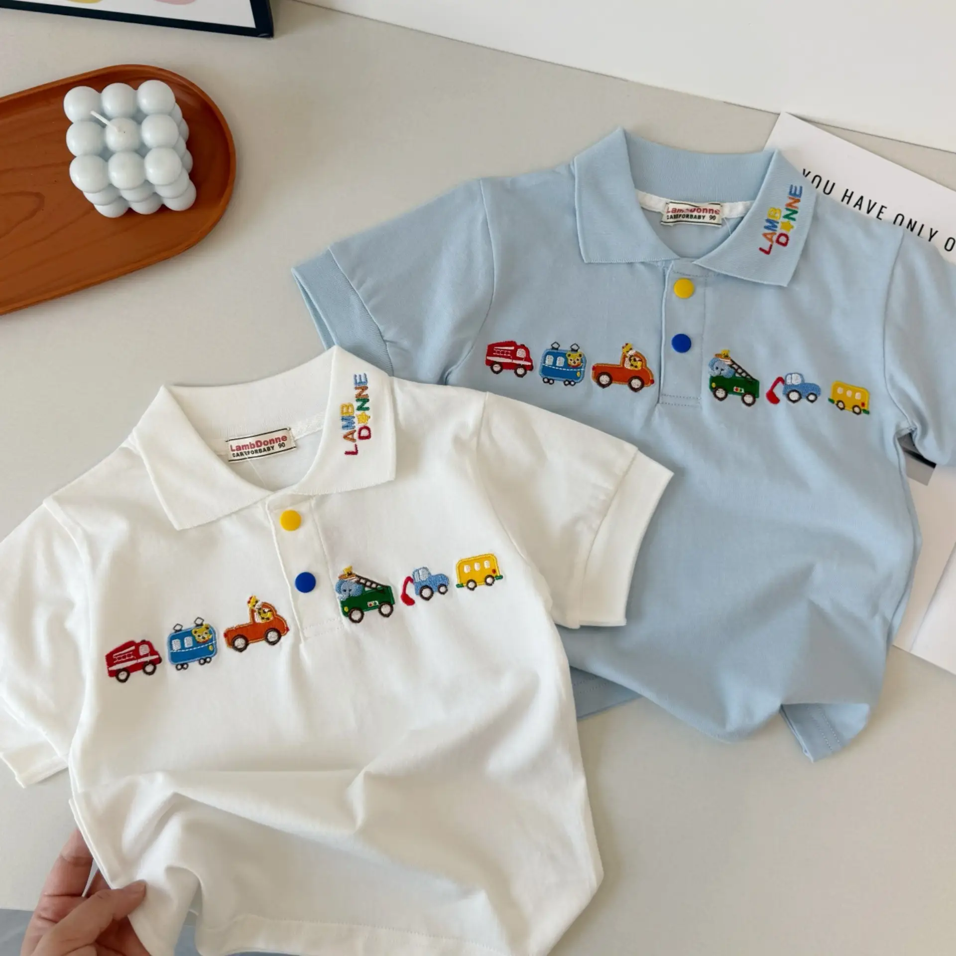 Japanese Style Boys T-Shirt White Blue Car Embroidery Polo — feature 17