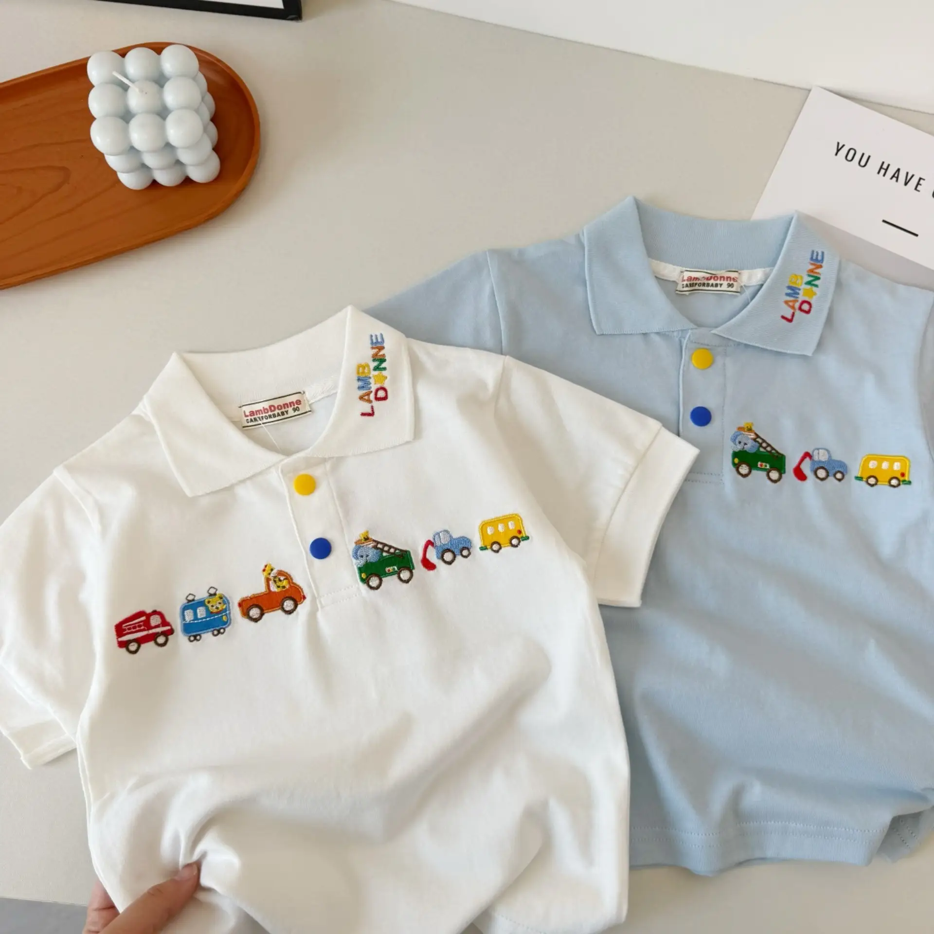 Japanese Style Boys T-Shirt White Blue Car Embroidery Polo — feature 18