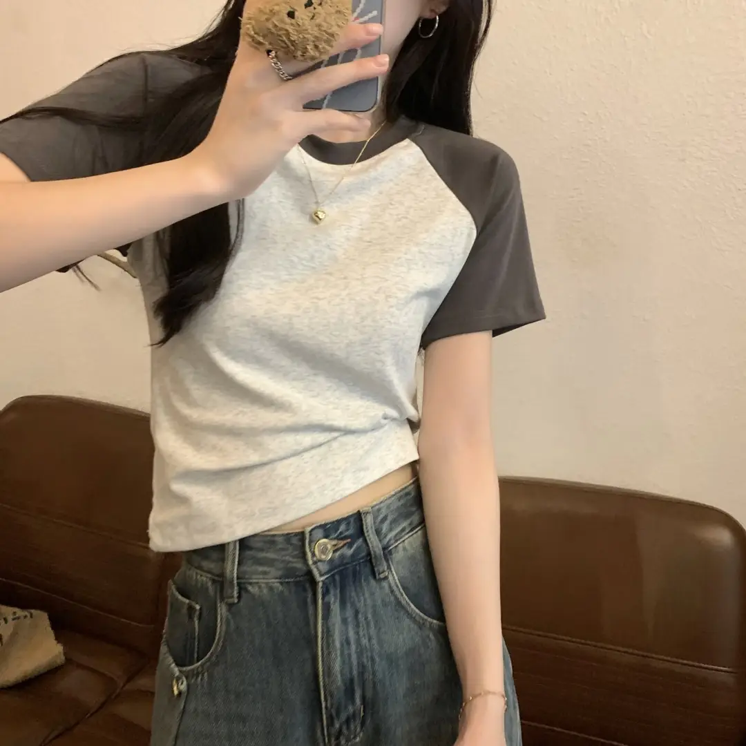 A013 # [180g Double Grinding] American Style Raglan Short-Sleeved T-Shirt for Women in Summer, Versatile Slimming Look Right Shoulder Short Top Trendy — feature 10