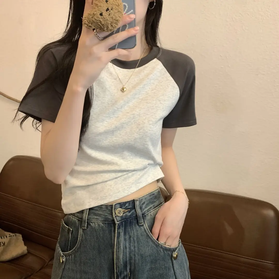 A013 # [180g Double Grinding] American Style Raglan Short-Sleeved T-Shirt for Women in Summer, Versatile Slimming Look Right Shoulder Short Top Trendy — feature 11