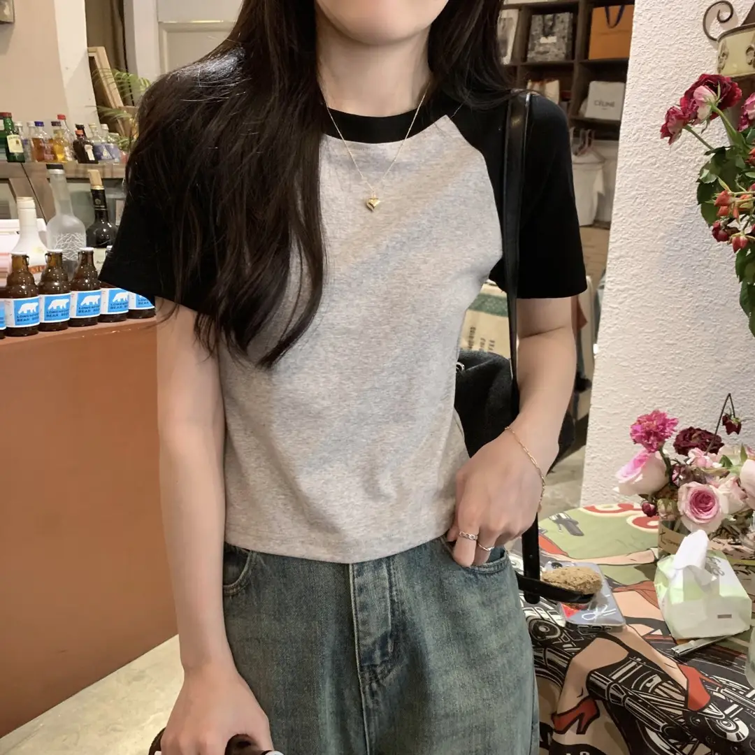 A013 # [180g Double Grinding] American Style Raglan Short-Sleeved T-Shirt for Women in Summer, Versatile Slimming Look Right Shoulder Short Top Trendy — feature 12