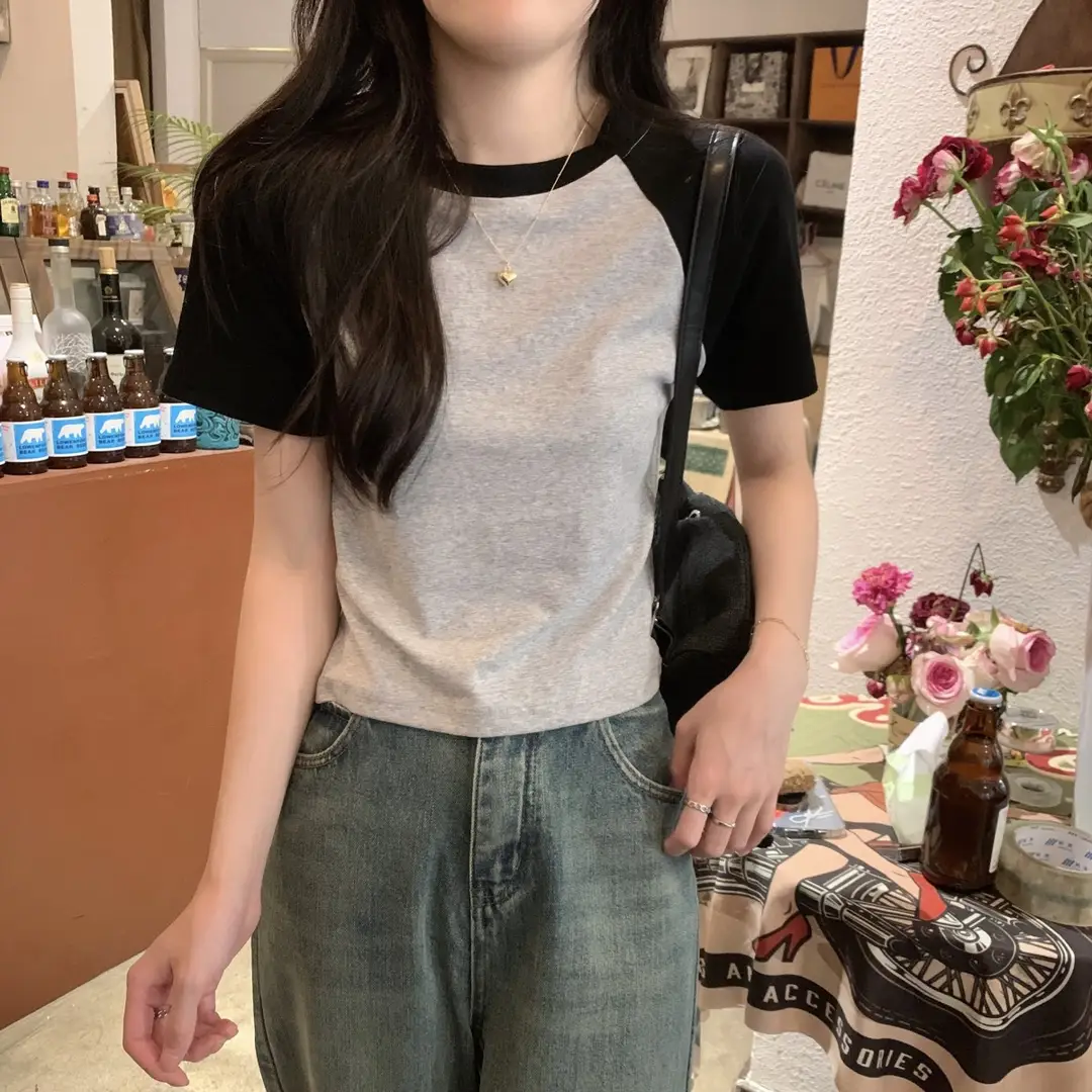 A013 # [180g Double Grinding] American Style Raglan Short-Sleeved T-Shirt for Women in Summer, Versatile Slimming Look Right Shoulder Short Top Trendy — feature 13