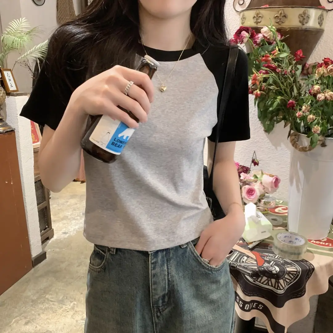 A013 # [180g Double Grinding] American Style Raglan Short-Sleeved T-Shirt for Women in Summer, Versatile Slimming Look Right Shoulder Short Top Trendy — feature 14