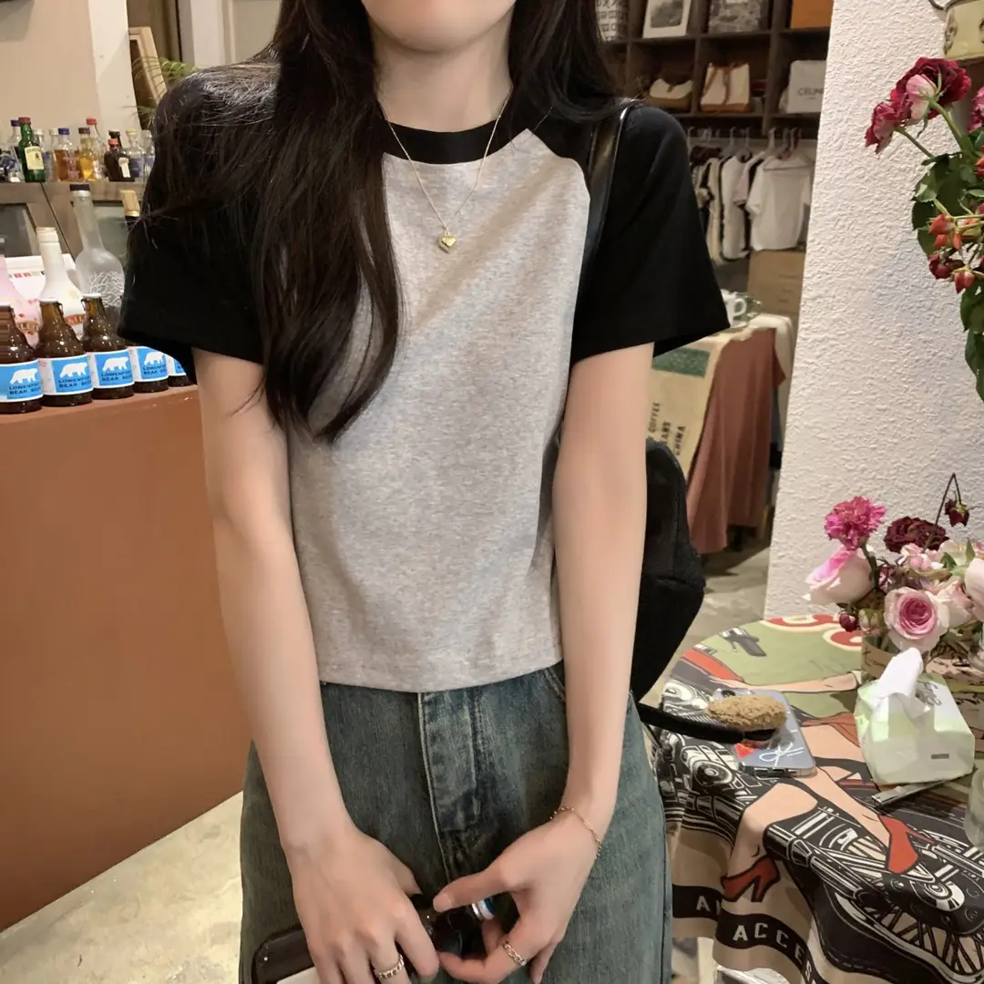 A013 # [180g Double Grinding] American Style Raglan Short-Sleeved T-Shirt for Women in Summer, Versatile Slimming Look Right Shoulder Short Top Trendy — feature 15