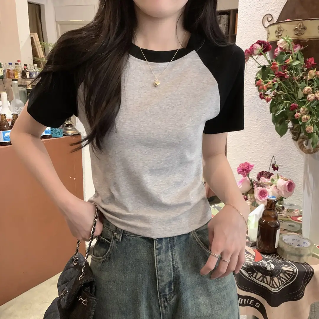 A013 # [180g Double Grinding] American Style Raglan Short-Sleeved T-Shirt for Women in Summer, Versatile Slimming Look Right Shoulder Short Top Trendy — feature 16