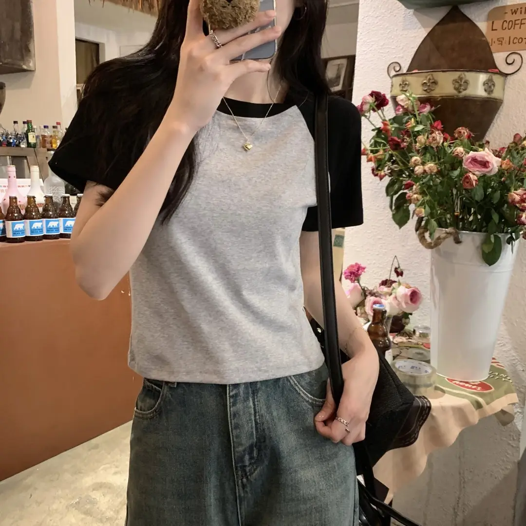 A013 # [180g Double Grinding] American Style Raglan Short-Sleeved T-Shirt for Women in Summer, Versatile Slimming Look Right Shoulder Short Top Trendy — feature 17