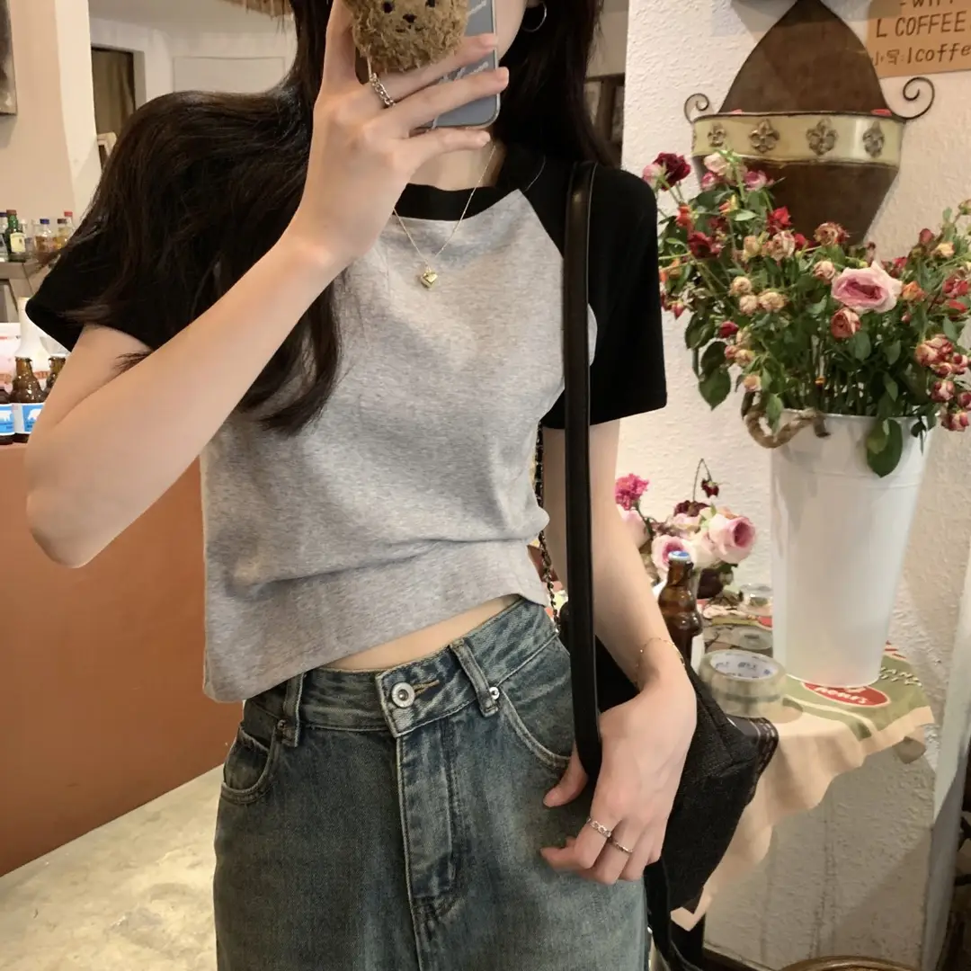 A013 # [180g Double Grinding] American Style Raglan Short-Sleeved T-Shirt for Women in Summer, Versatile Slimming Look Right Shoulder Short Top Trendy — feature 18