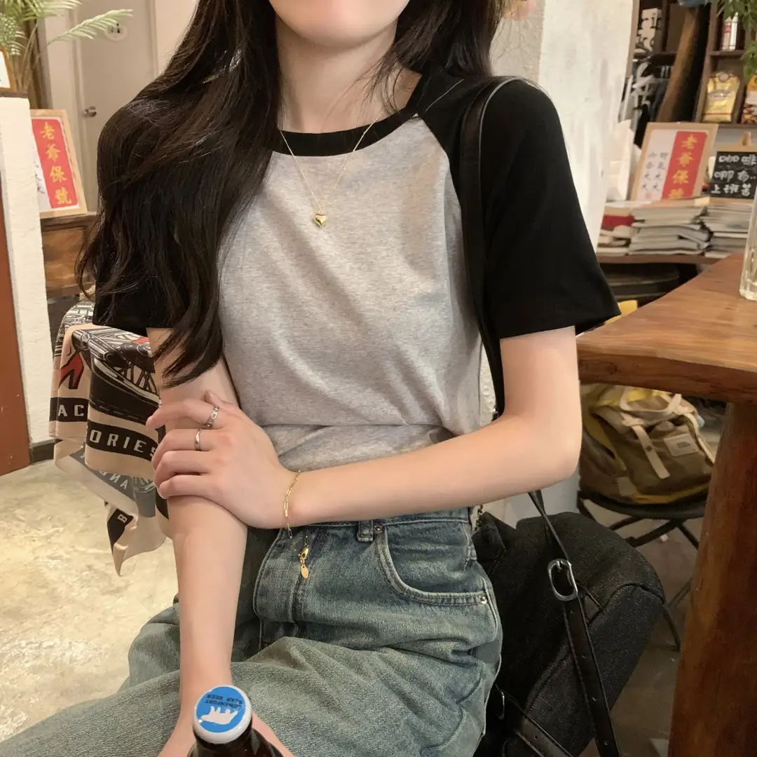 A013 # [180g Double Grinding] American Style Raglan Short-Sleeved T-Shirt for Women in Summer, Versatile Slimming Look Right Shoulder Short Top Trendy — feature 19