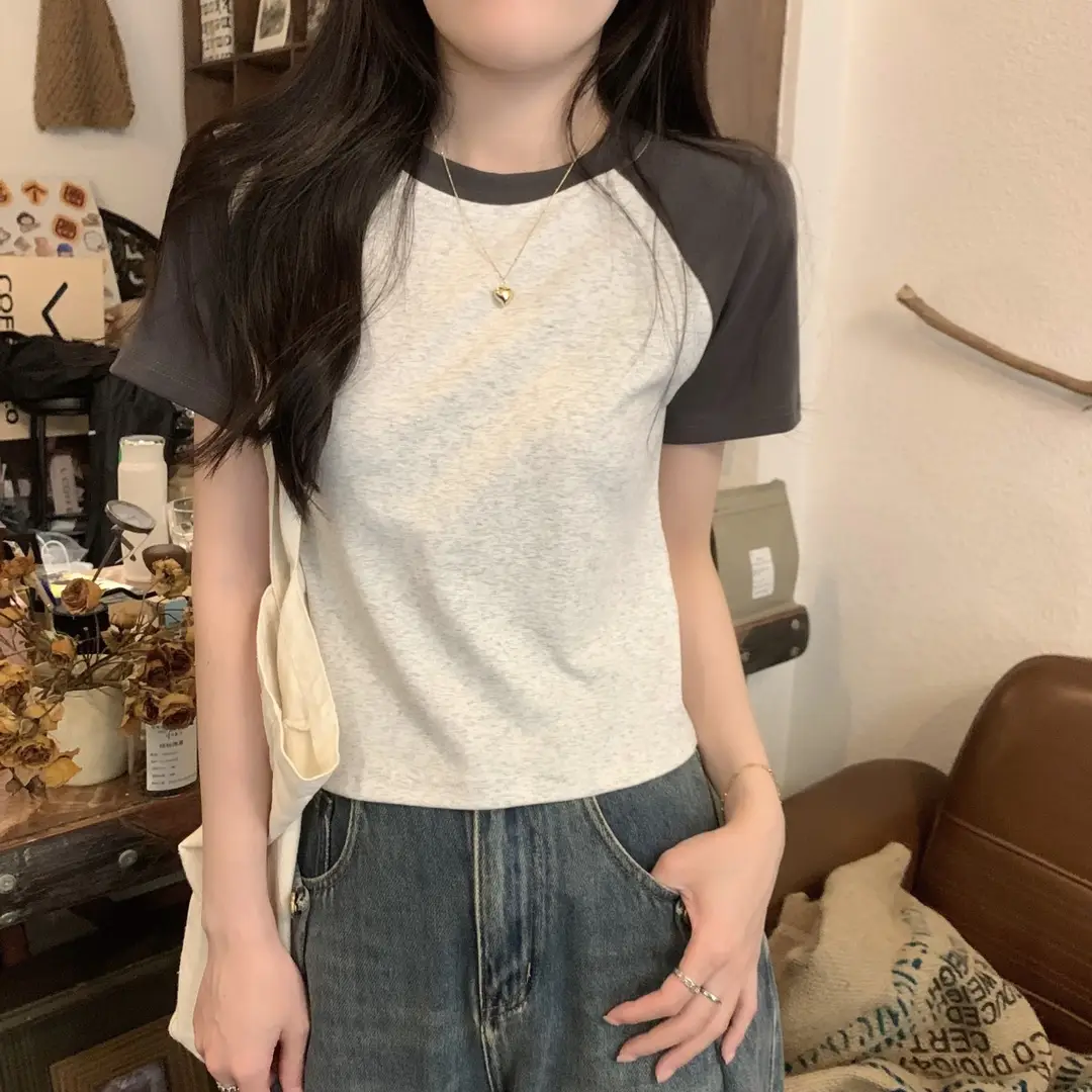 A013 # [180g Double Grinding] American Style Raglan Short-Sleeved T-Shirt for Women in Summer, Versatile Slimming Look Right Shoulder Short Top Trendy — feature 2