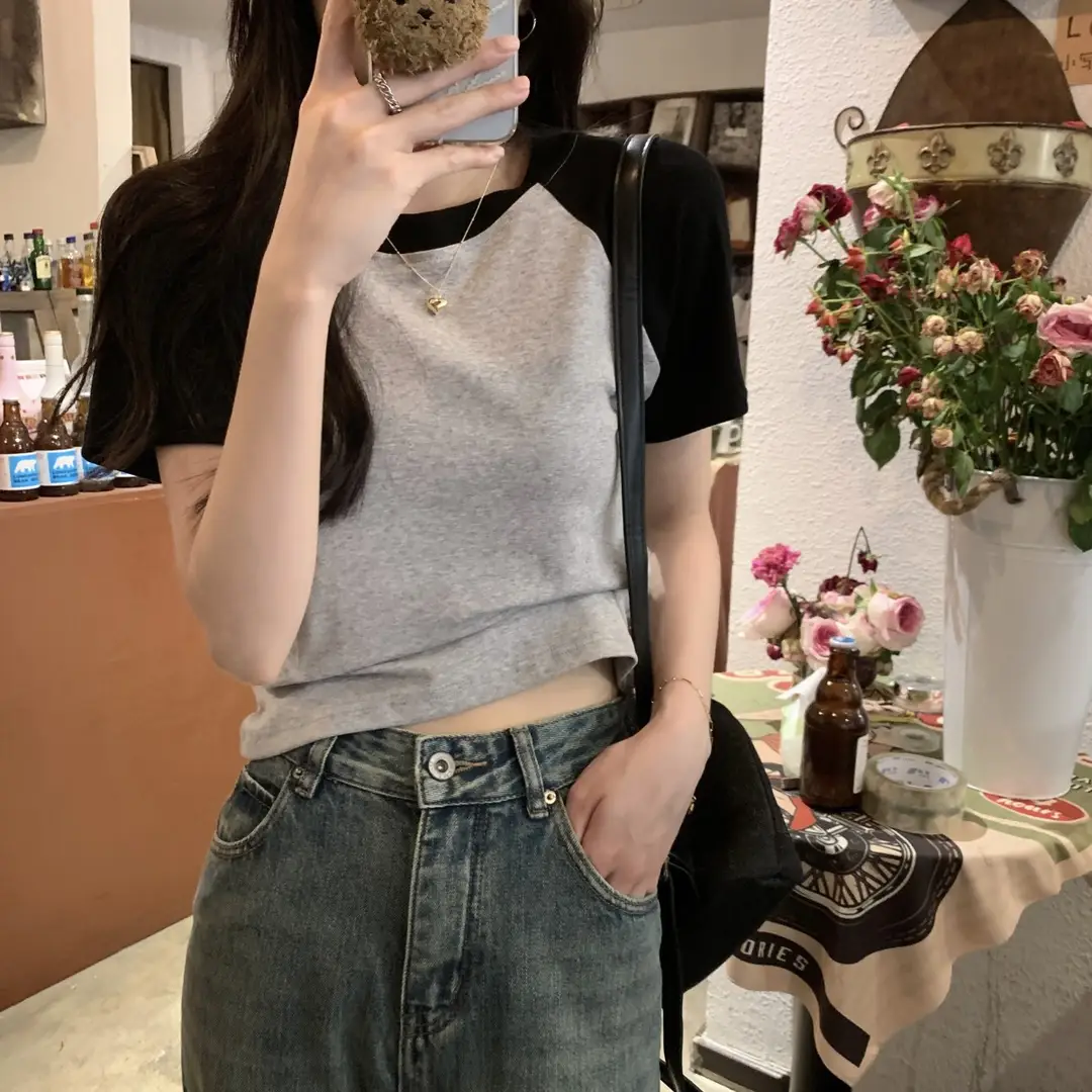 A013 # [180g Double Grinding] American Style Raglan Short-Sleeved T-Shirt for Women in Summer, Versatile Slimming Look Right Shoulder Short Top Trendy — feature 20