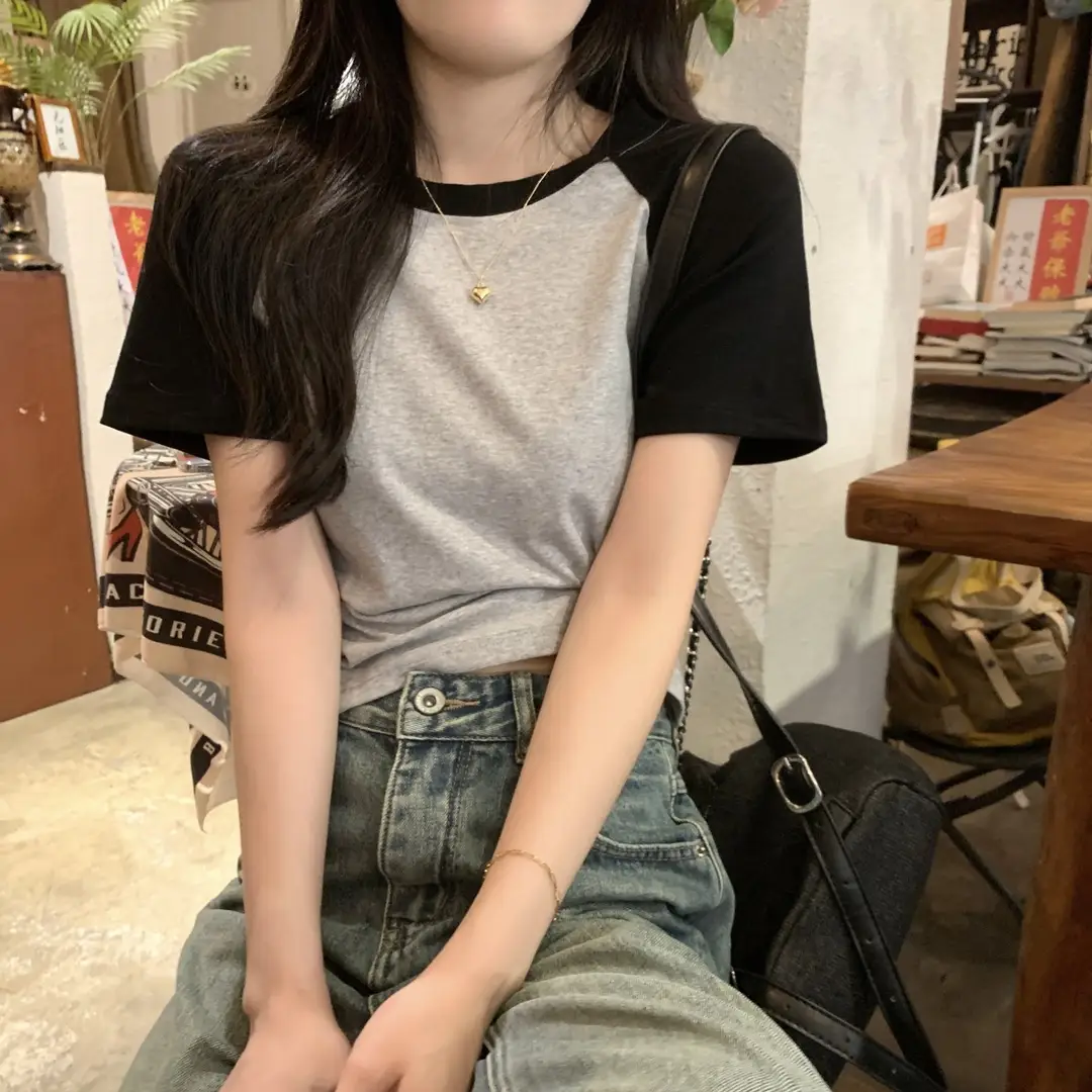 A013 # [180g Double Grinding] American Style Raglan Short-Sleeved T-Shirt for Women in Summer, Versatile Slimming Look Right Shoulder Short Top Trendy — feature 21