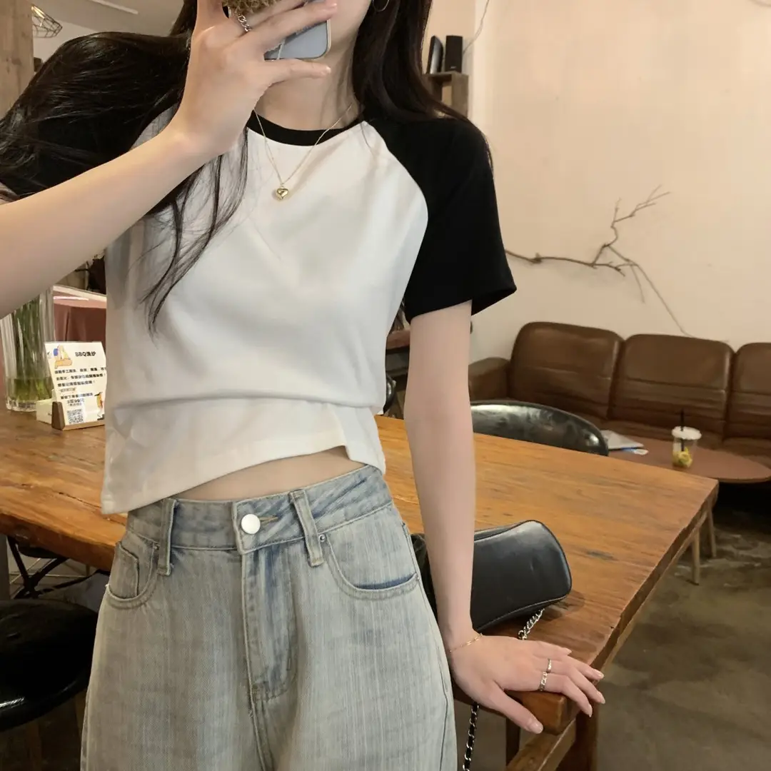 A013 # [180g Double Grinding] American Style Raglan Short-Sleeved T-Shirt for Women in Summer, Versatile Slimming Look Right Shoulder Short Top Trendy — feature 22