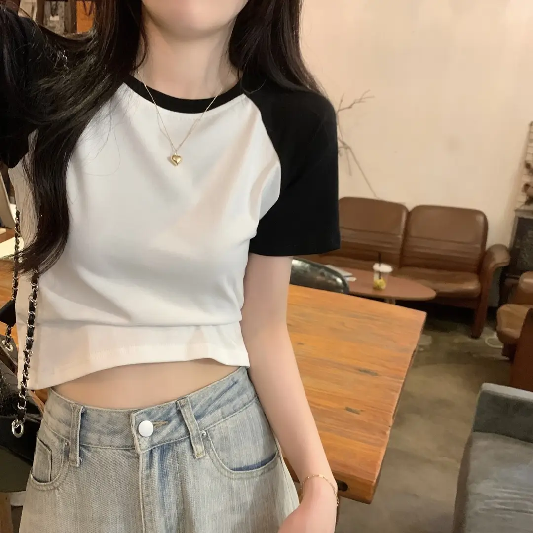 A013 # [180g Double Grinding] American Style Raglan Short-Sleeved T-Shirt for Women in Summer, Versatile Slimming Look Right Shoulder Short Top Trendy — feature 23