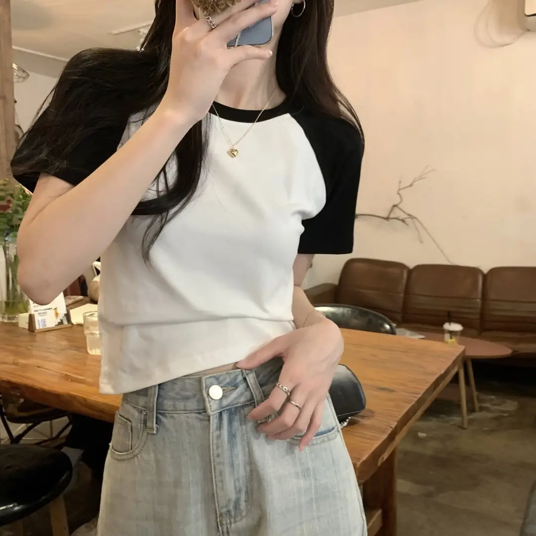 A013 # [180g Double Grinding] American Style Raglan Short-Sleeved T-Shirt for Women in Summer, Versatile Slimming Look Right Shoulder Short Top Trendy — feature 24