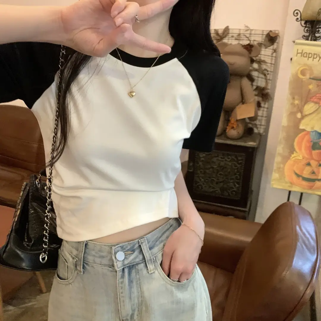 A013 # [180g Double Grinding] American Style Raglan Short-Sleeved T-Shirt for Women in Summer, Versatile Slimming Look Right Shoulder Short Top Trendy — feature 25