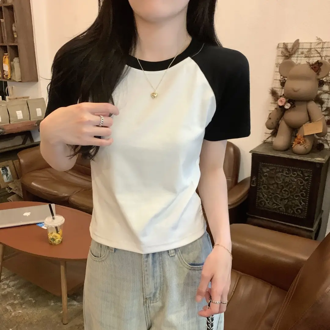 A013 # [180g Double Grinding] American Style Raglan Short-Sleeved T-Shirt for Women in Summer, Versatile Slimming Look Right Shoulder Short Top Trendy — feature 26
