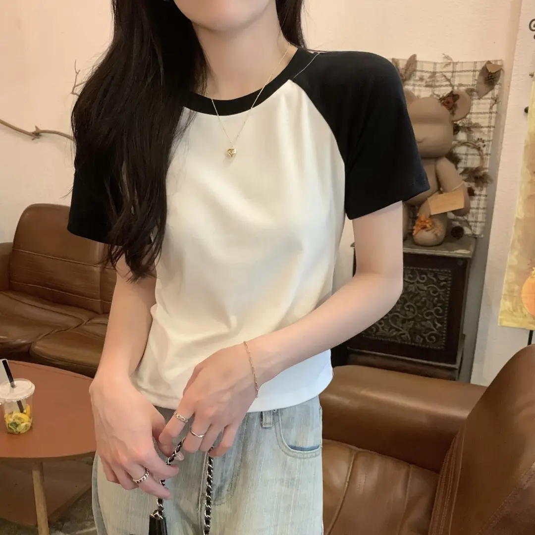 A013 # [180g Double Grinding] American Style Raglan Short-Sleeved T-Shirt for Women in Summer, Versatile Slimming Look Right Shoulder Short Top Trendy — feature 27
