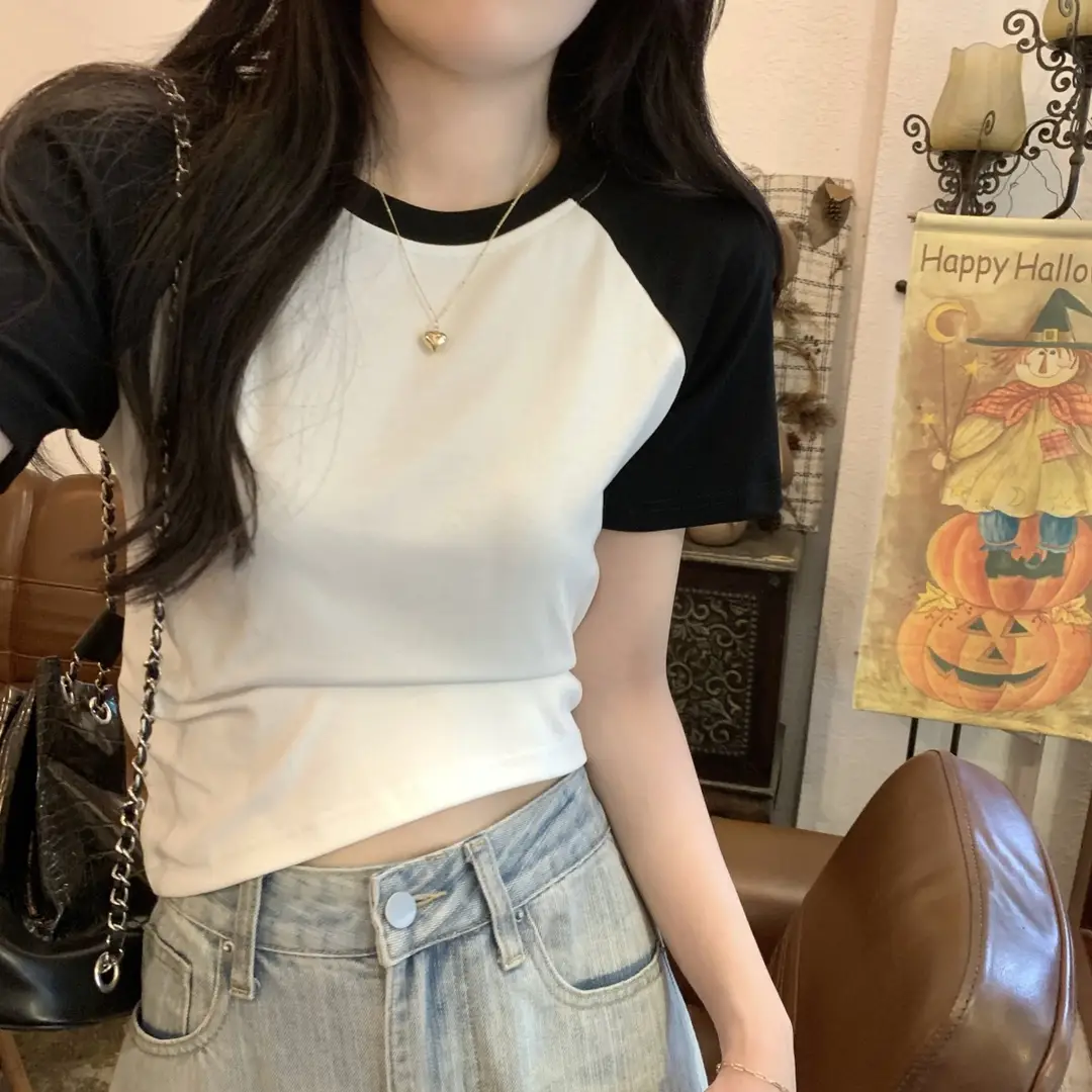 A013 # [180g Double Grinding] American Style Raglan Short-Sleeved T-Shirt for Women in Summer, Versatile Slimming Look Right Shoulder Short Top Trendy — feature 28