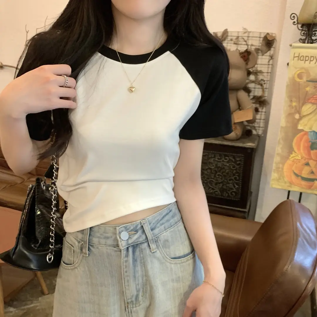 A013 # [180g Double Grinding] American Style Raglan Short-Sleeved T-Shirt for Women in Summer, Versatile Slimming Look Right Shoulder Short Top Trendy — feature 29