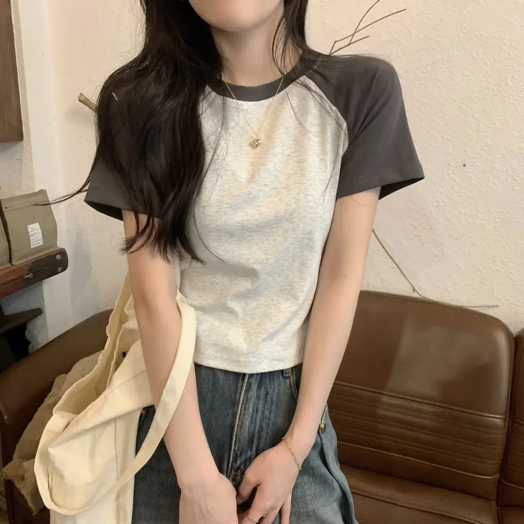 A013 # [180g Double Grinding] American Style Raglan Short-Sleeved T-Shirt for Women in Summer, Versatile Slimming Look Right Shoulder Short Top Trendy — feature 3
