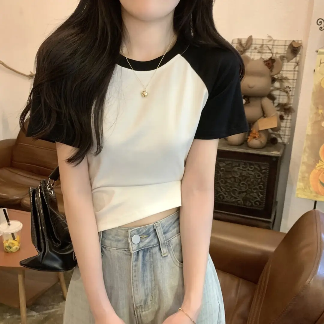 A013 # [180g Double Grinding] American Style Raglan Short-Sleeved T-Shirt for Women in Summer, Versatile Slimming Look Right Shoulder Short Top Trendy — feature 30