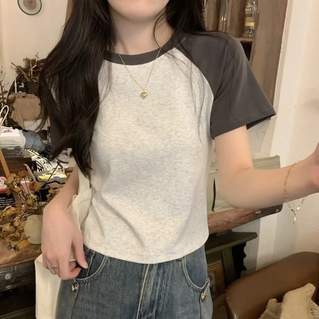 A013 # [180g Double Grinding] American Style Raglan Short-Sleeved T-Shirt for Women in Summer, Versatile Slimming Look Right Shoulder Short Top Trendy — feature 4
