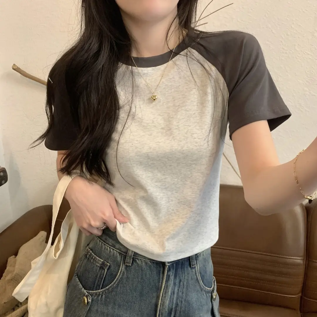 A013 # [180g Double Grinding] American Style Raglan Short-Sleeved T-Shirt for Women in Summer, Versatile Slimming Look Right Shoulder Short Top Trendy — feature 5
