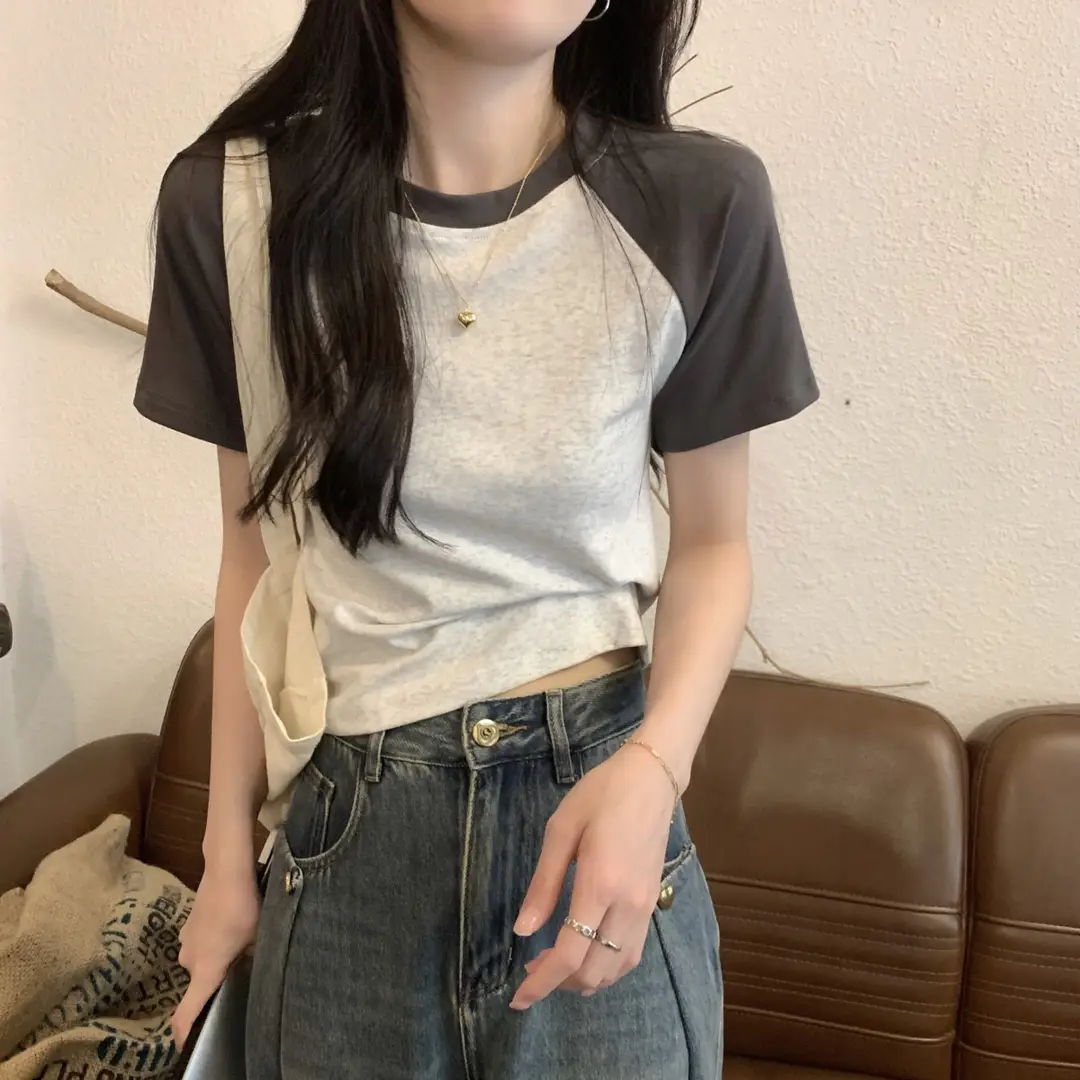 A013 # [180g Double Grinding] American Style Raglan Short-Sleeved T-Shirt for Women in Summer, Versatile Slimming Look Right Shoulder Short Top Trendy — feature 6