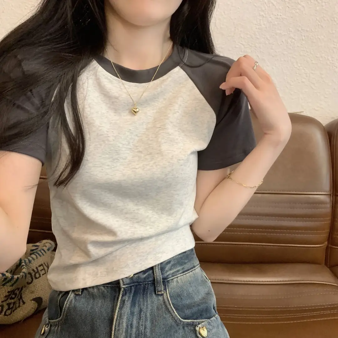 A013 # [180g Double Grinding] American Style Raglan Short-Sleeved T-Shirt for Women in Summer, Versatile Slimming Look Right Shoulder Short Top Trendy — feature 7