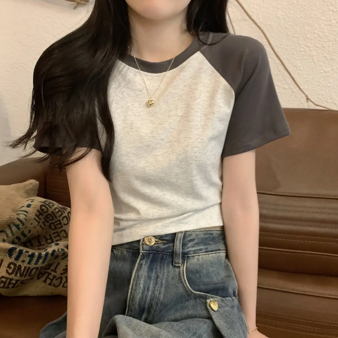 A013 # [180g Double Grinding] American Style Raglan Short-Sleeved T-Shirt for Women in Summer, Versatile Slimming Look Right Shoulder Short Top Trendy — feature 8