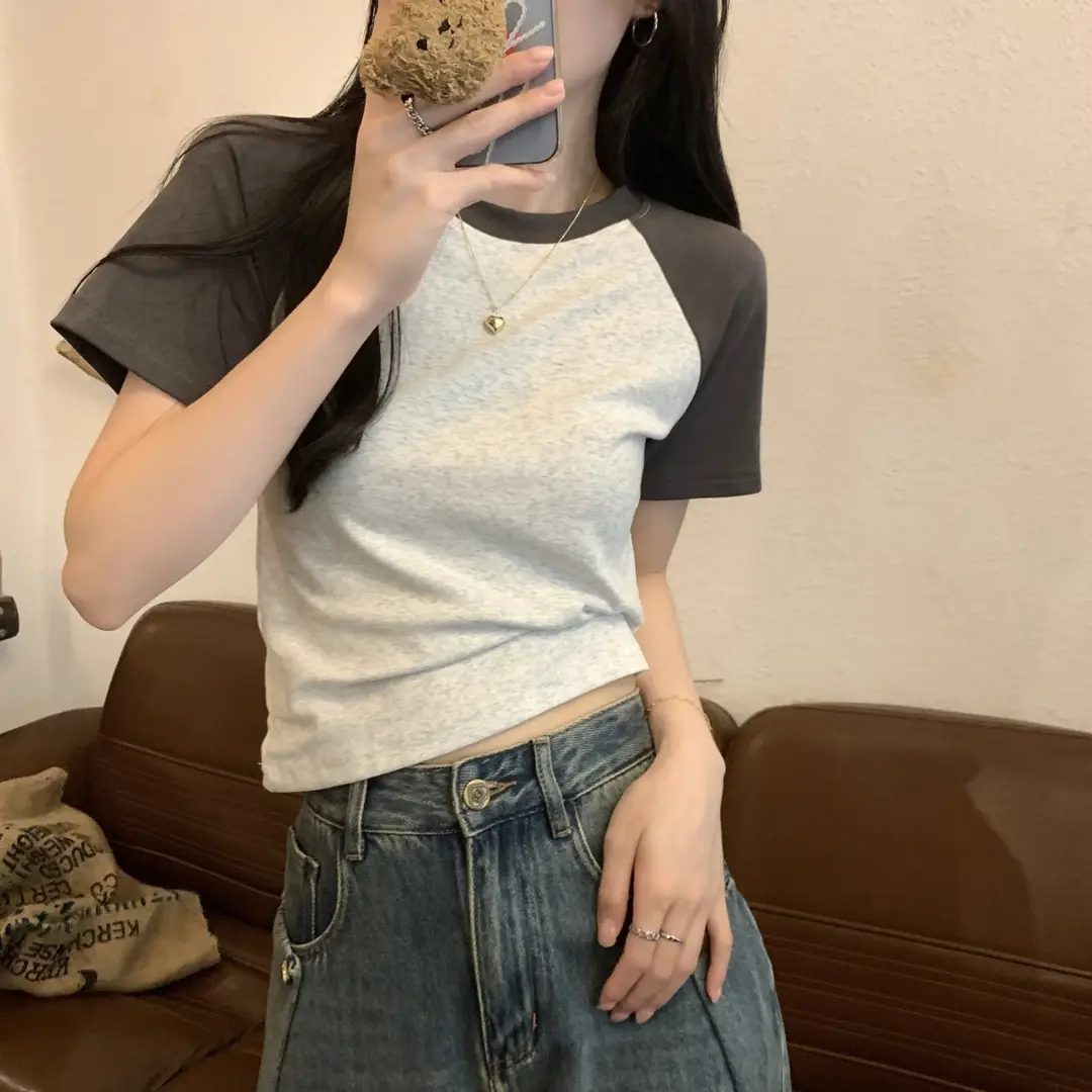 A013 # [180g Double Grinding] American Style Raglan Short-Sleeved T-Shirt for Women in Summer, Versatile Slimming Look Right Shoulder Short Top Trendy — feature 9