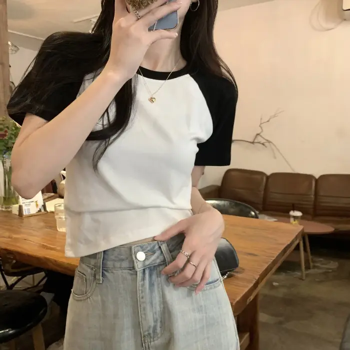 A013 # [180g Double Grinding] American Style Raglan Short-Sleeved T-Shirt for Women in Summer, Versatile Slimming Look Right Shoulder Short Top Trendy
