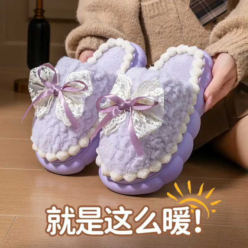 Bow-Knot Cotton Slippers, Non-Slip Winter Shoes, Indoor Slippers, Winter Warm Cotton Shoes, Plush Cotton Slippers, Home Slippers